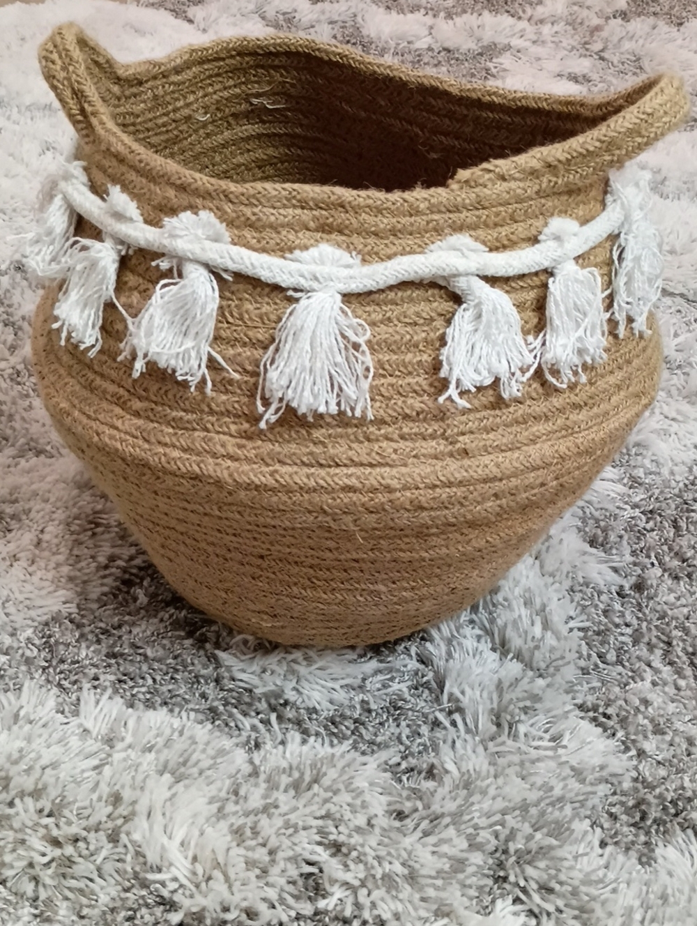 Handwoven Jute Storage Basket with White Tassel Trim